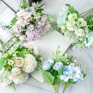 Wholesale artificial hydrangeas resale online - Fake Hydrangea Silk Peony Flower Bouquet Pink Blue Green Artificial Peonies Wedding Engagement Home Decor Photography Props