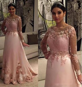Roze Arabische Avondjurken Scoop Lange Mouwen Sparkly Sequin Beaded Prom Gowns A Line D Floral Applique Speciale Gelegenheid Jurk Plus Size