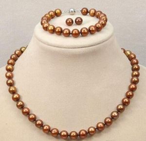 Set 9-10mm Natural chocolate Freshwater Cultured Pearl Necklace Bracelet Earring 18''