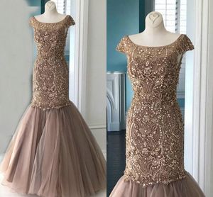 Luxury Champagne Beading Crystal Formal Evening Dresses Mermaid Scoop Short Sleeve Tulle Sparkly Prom Pageant Dress Special Occasion Women