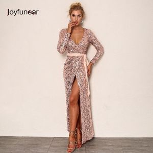 Joyfunear Sexy Club Wear Party Womens Pink Gold Knot Deep V Neck Twist Front High Slit Långärmad Sequin Maxi Dress J190530