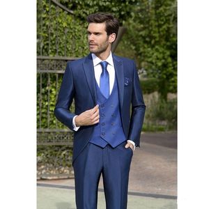 Hot Sale One Button Blue Wedding Groom Tuxedos Peak Lapel Groomsmen Men Suits Prom Blazer (Jacket+Pants+Vest+Tie) NO:1990