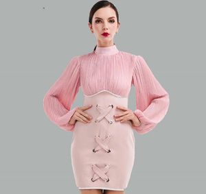 Sexy Long Sleeve Fold High-necked Eyelet dress Pink Lace up Bodycon Dress for Party Wedding Dress