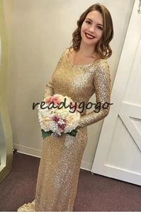 Scoop Neck Guld Sequin Bridesmaid Klänningar Långärmad Full Längd Bohemian Country Mermaid Junior Maid of Honor Wedding Party Dress