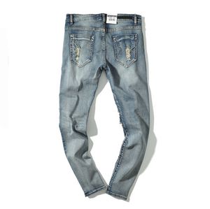 Fashion-High Street Men Ripped Slim Fit Jeans West Knee Cuts Distressed Long Pants Vintage Light Blue Trousers
