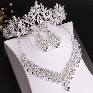 Bride wedding crown necklace earrings three-piece set designer white crystal jewelry set handmade fine craft headpieces