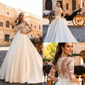 3/4 långärmad satin En linje Bröllopsklänningar 2019 Lace Appliqued Sheer Jewel Neck Bridal Bröllopsklänningar Sexig Illusion Vestido de Novia