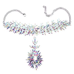 Partihandel - Designer Luxury White Glittering Crystal Zircon Exagted Flower Tassel Pendant Collar Choker uttalande halsband för kvinna