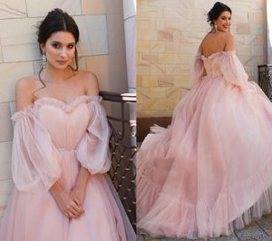 2024 New Boho 핑크 웨딩 드레스 A- 라인 아플리크 퍼프 슬리브 신부 드레스 흰색 레이스 웨딩 드레스 무료 배송