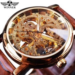 Vinnare Transparent Golden Case Luxury Casual Design Brown Leather Strap Mens Klockor Top Märke Luxury Mechanical Skeleton Watch LY191209
