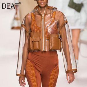 Deat Brown Long袖のフード付き大きなポケットショート透明レザージャケット女性カジュアルなシンプルなファッション2019秋の新しいTV813 CJ191216
