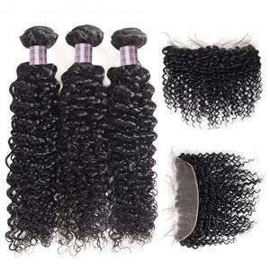 Ishow Wholesale Wefts Brasilianska Virgin Hair Extensions 3 st med spets Frontal Stängning Kinky Curly Human Hair Buntar För Kvinnor Alla Ages Naturlig Svart Färg 8-28Inch