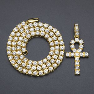 Hip-Hop-Halskette mit glänzendem Kreuz-Anhänger und Tenniskette, 18 Karat vergoldet, voller Zirkon, Rap-Schmuck, Geschenk
