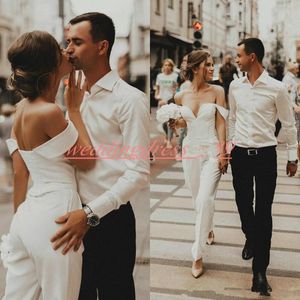Ny designer Jumpsuits Evening Dresses Off Shoulder Satin Spring Beach Mariage Arabic Plus Storlek Bridal Ball Gown för Bride Robe de Mariée