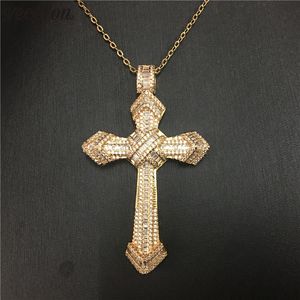 Vecalon moda grande cruz pingente de ouro cor 925 prata esterlina festa de diamante pingentes de casamento com colar para mulheres homens jóias presente