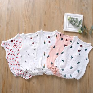5 Colors Newborn Baby Romper With Button Summer Jumpsuit Cherry Cactus Printed Infant Girl Princess Onesies Bodysuit Clothes