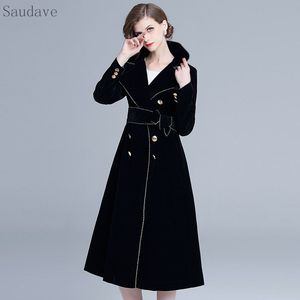 New Inverno Inglaterra Estilo Mulheres Casaco de Veludo Preto Revestido Quente Longo Longo Elegante Vestido Feminino Casacos Mulheres Vestido