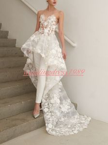 Vestido 드 노비 아 쉬어 신부 드레스 최신 꽃 무늬 레이스 웨딩 드레스 점프 슈트 Overskirt 시스 비치 신부 드레스는 정장 플러스 사이즈