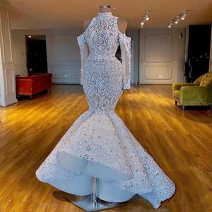 Lyxiga Dubai Sydafrikanska Arabiska Mermaid Bröllopsklänningar High Neck Beaded Crystals Bridal Dress Långärmade Bröllopsklänningar