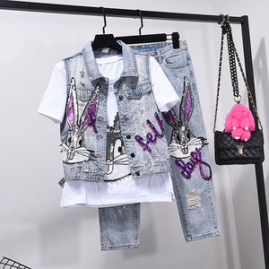 Europäischen Stil Loch Jeans Set Damen Zweiteilige Sets Frühling Sommer Outfits Neue Weste Mantel + Seven Point Denim Hosen mädchen Studenten