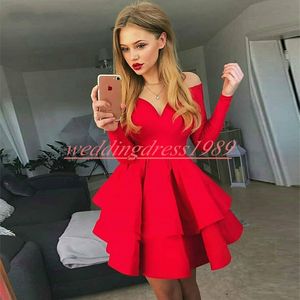 Noble Satin Homecoming Dresses Tiered 2019 Long Sleeve Cheap Party Club Wear Knee Length Cheap A-Line Juniors Cocktail Prom Dress