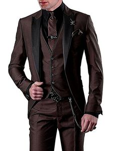 Classic Style One Button Chocolate Brown Wedding Groom Tuxedos Peak Lapel Groomsmen Men Suits Prom Blazer (Jacket+Pants+Vest+Tie) NO:1914