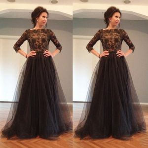 Elegant Black Lace Evening Dress 3/4 Sleeves Prom Dresses Backless A-line Tulle Fashion Party Wear Color Illusion Multi Layers Maxi Gowns
