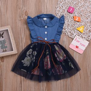 Neonate Jeans Dress Summer Kids Ruffles Sleeve Flowers Tulle Skirt Princess Dress Bambini Abiti casual Abbigliamento 5085