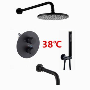 Matt Black Thermostatic Bathroom Shower Faucet Brass Bath Shower Set Wall & Ceiling Mounted Round Rain Shower Head