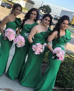 Yeşil bir yeni omuz nedime elbiseleri şeffaf örgü katlar taban uzunluğu elastik saten düğün konuk onur elbisesi vestidos de noiva