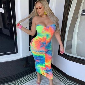 Colorful Tie Dye Sexy Bodycon Dress Women Fashion Off Shoulder Backless Party Dress Summer Strapless Sleeveless Mini Sundress