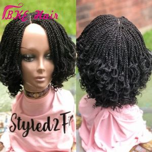 Siyah kadınlar için yeni kısa sentetik peruklar 14 inç Blac Kinky Twist Full Micro Örgü Dantel Ön Peruk Bebek Saçları