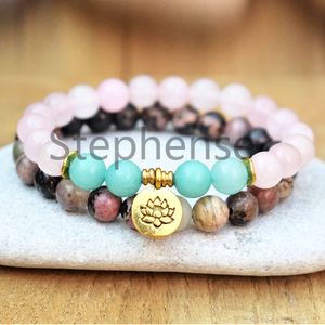 MG0630 Schwarze Vene Rhodonit Lotus Armband Set Hochwertiges Aquamarin Rosenquarz Yoga Armband Heißer Verkauf Handgelenk Chakra Mala Armband