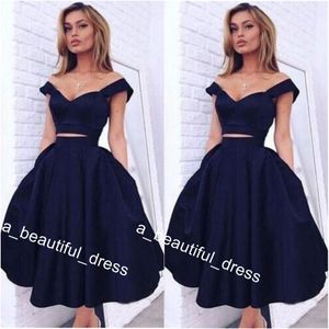 Prom Dresses Two Pieces Homecoming Dresses Off The Shoulder Stain Sexy Back Navy Blue A Line Short Graduation Cocktail Wear Dresses