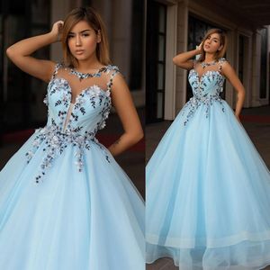 Light Sky Blue Ball Gown aftonklänningar Scoop Neck spetsar applikationer pärlor aftonklänningar svep tåg formell klänning parti slitage vestidos