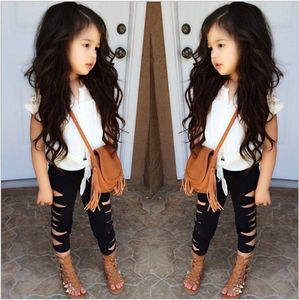 Summer Girls Clothing Sets Baby Girl Lace Sleeveless T-shirt Top+Shredded Leggings Pants 2pcs Set Kids Outfits Children Suit