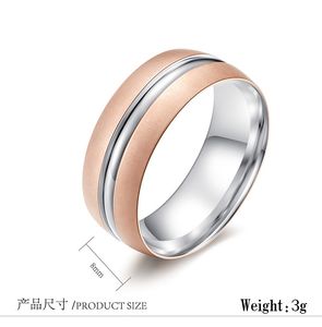 Alta qualidade escovado rose gold ring dois tons sólidos titanium anel de casamento das mulheres de prata anel de largura dos homens 8mm