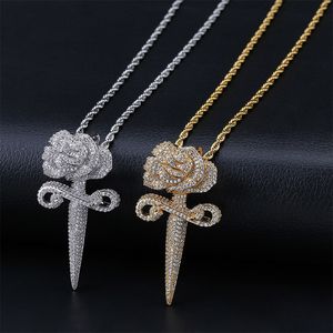 Collana con pendente a forma di fiore di rosa 3D in zircone pieno ghiacciato, regalo di gioielli hip-hop da uomo in ottone placcato oro argento