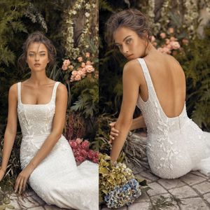 Hod Mermaid Lihi Dresses Lace Appliqued Beads Crystal Backless Bridal Gowns Elegant Boho Wedding Dress