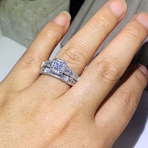 Jóias vintage casal anéis 925 prata esterlina princesa corte branco topázio cz diamante gemstones partido mulheres casamento anel nupcial presente conjunto presente