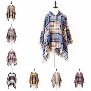 Plaid Poncho Tassel Hooded Shawl Scarf Vintage Mode Wraps Vinter Cape Grid Cardigan Cloak Coat Sweater Girls Sticka Tartan Scarves Czyq6896