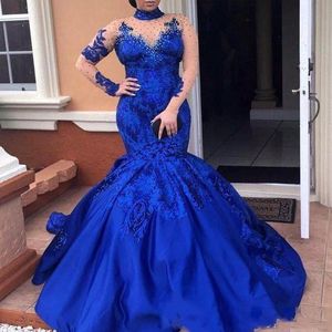 Royal Blue Mermaid Gelinlik Şeffaf Yüksek Yaka Uzun Kollu Abiye Giyim Artı boyutu Dantel Aplikler Parti Pageant Elbise