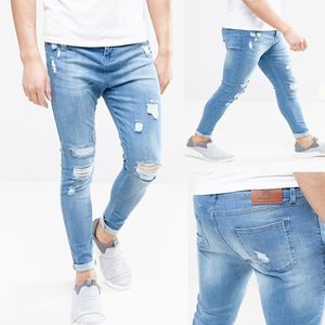 Moda-erkek tasarımcı kot denim mavi bisikletçinin yırtık skinny jean pantolon erkek hombres pantolon