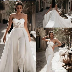 Elegant 2020 Jumpsuits Wedding Dresses With Detachable Train Country Bohemian Wedding Gowns Modest Hippie African Dubai Bridal Dress Cheap