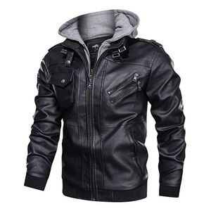 Män Läder Jackor Coats Hooded Slim Casual Motorcykel Jackor Faux Läder Bomber Jacka Coat med avtagbar dragkedja