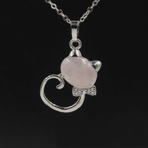 New Lovely Cat Round Stones Turquoise Pink Quartz Charms Pendant Necklace for Women Men Gift Accessories