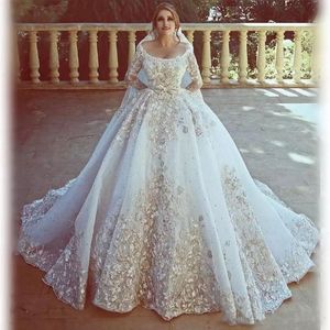 2020 Ny lyx Dubai Bröllopsklänningar Fall Wihter 3D Appliques Långärmade Brudklänningar Scoop Neckline Bröllopsklänning Vestidos Anpassad