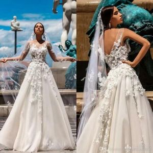 Glamorös 3D-blommor En linje bröllopsklänningar Sheer Jewel Neck Backless Beach Bridal Gowns Sweep Train Lång Formella klänningar