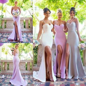 Yeni Tasarım Basit Ucuz Uzun Gelinlik Modelleri Mermaid Spagetti Sapanlar Yüksek Yan Bölünmüş Hizmetçi Onur Elbise Ucuz Düğün Törenlerinde