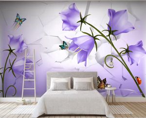 Personalizado foto papel de parede 3D estéreo fantasia roxo flores borboleta 3D TV fundo parede